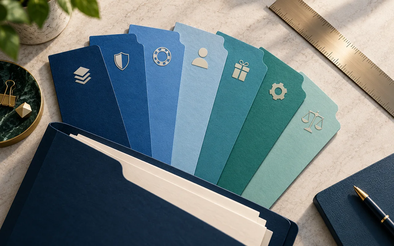 Seven blue and teal document tabs arranged beside an open folder.