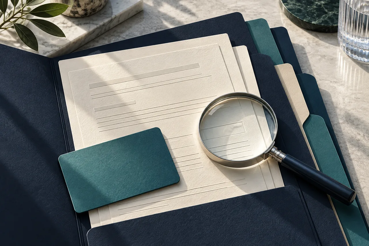 A magnifying glass over blank paperwork and a teal card, an original editorial illustration.